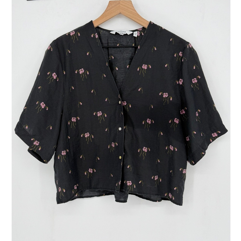 & Other Stories Floral Blouse Size 8 Black Boxy Cropped Short Sleeve Scandi Boho